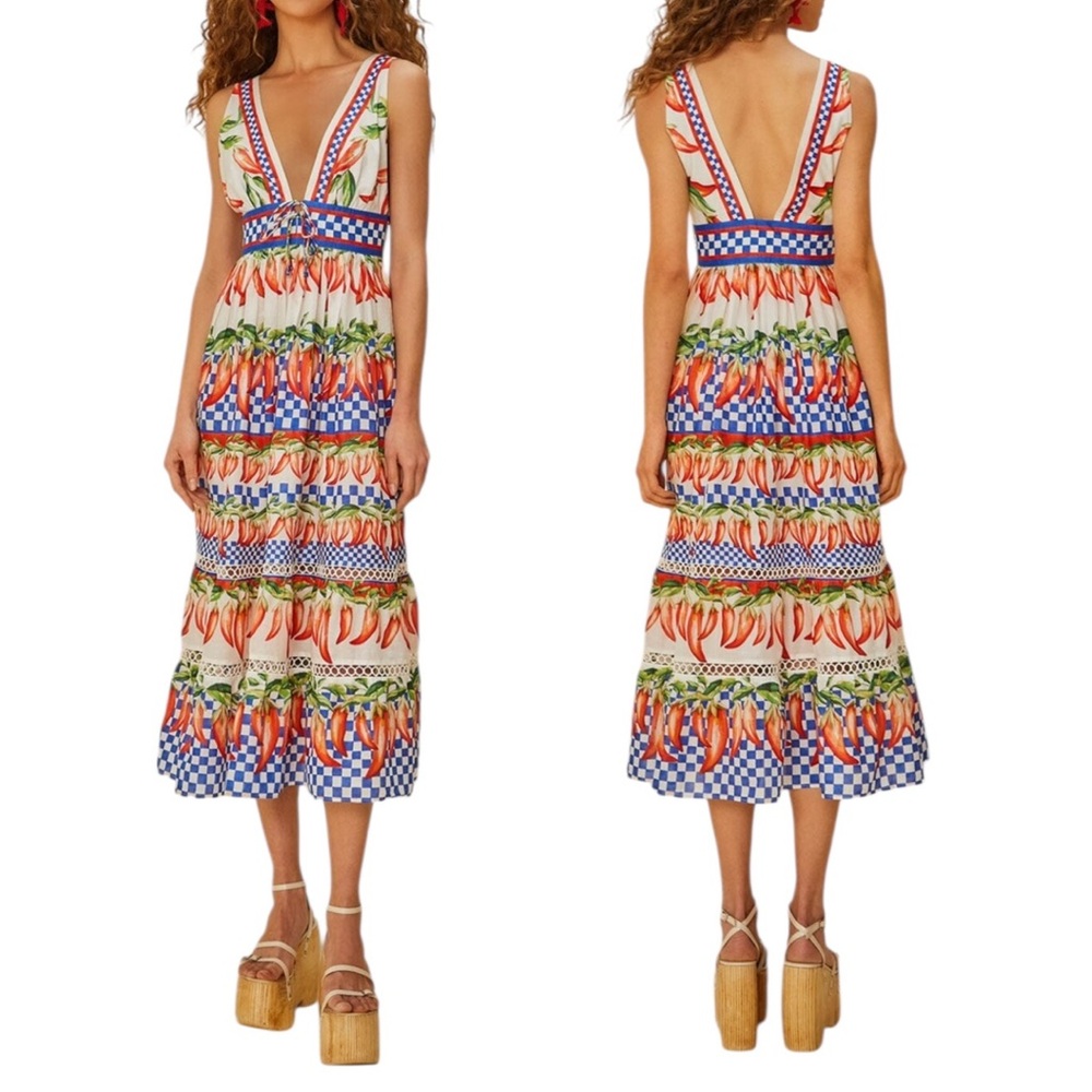 Farm Rio Off-White Picnic Peppers Ainika Midi Dress Large New with Tag
